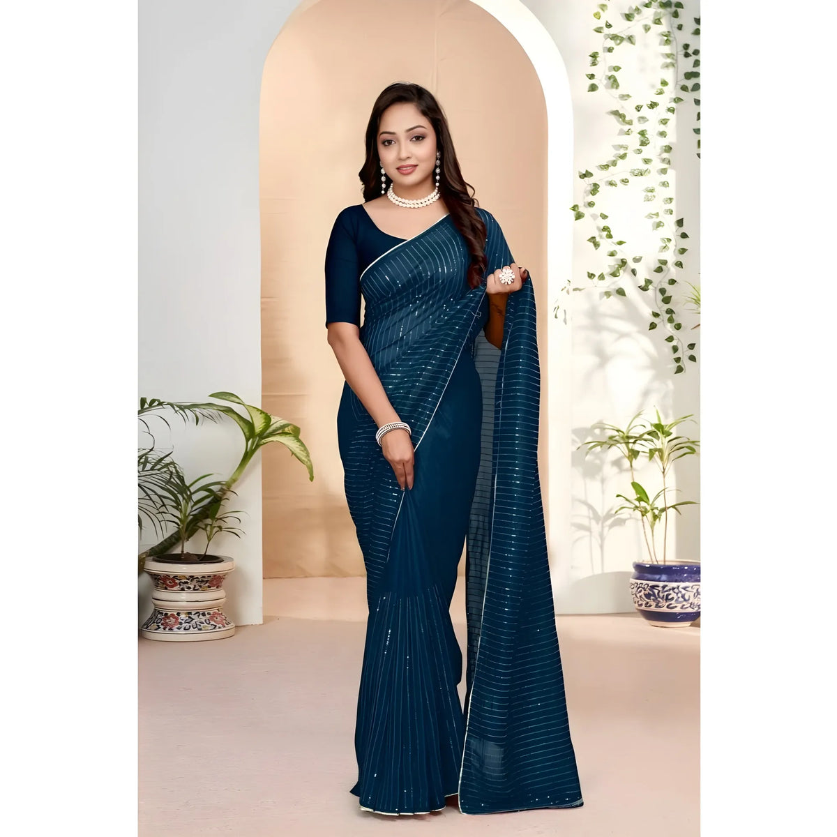 Women's Vichitra Silk Striped Saree With Unstitched Blouse 5.5mtr (blue) | Women Signature Collection