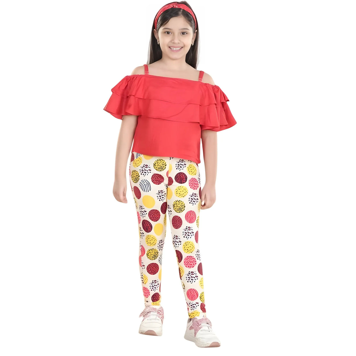 Girl's Cotton Floral Elasticated Jegging And Top Set (red) | Kids Signature Collection