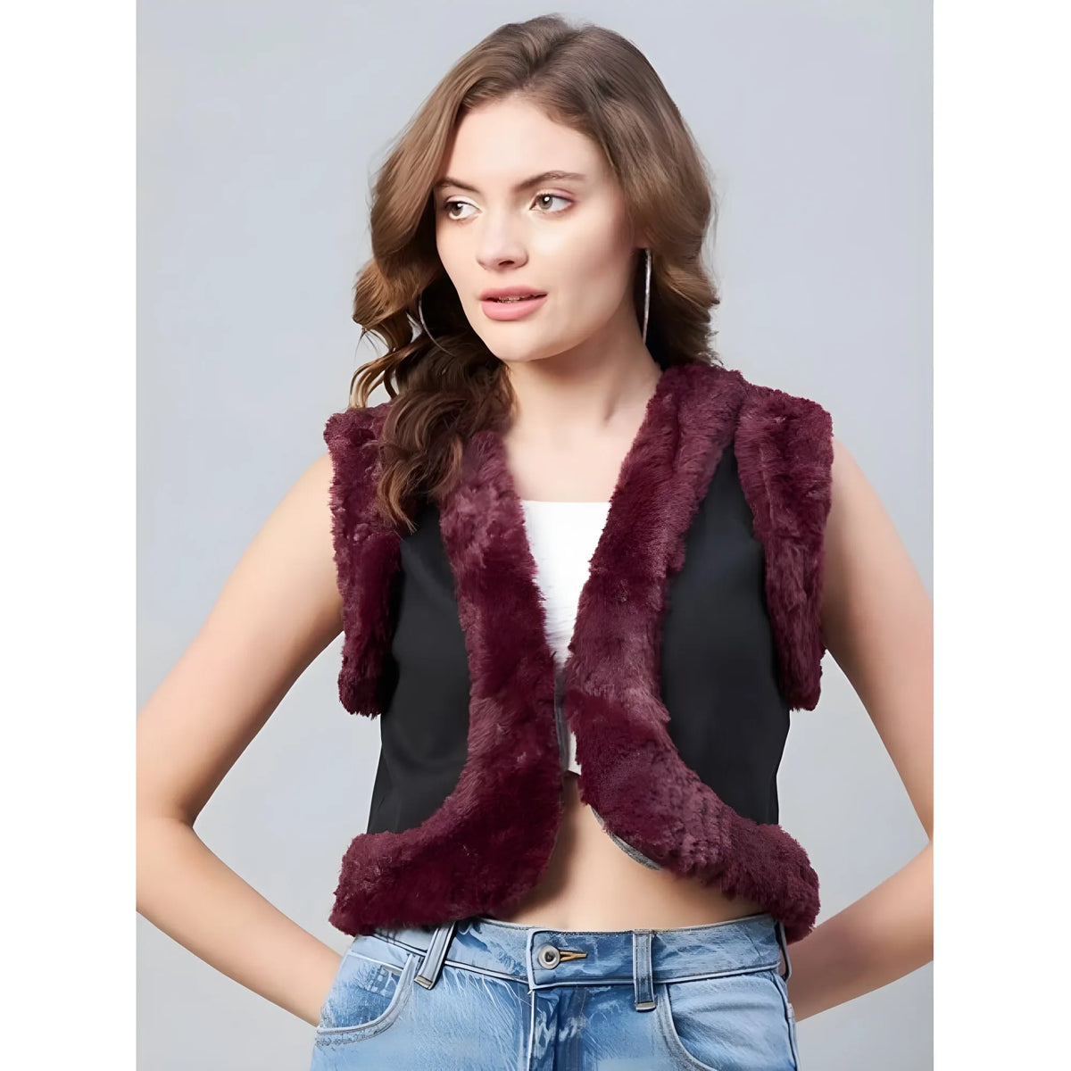 Women's Denim And Fur Solid Sleeveless Shrug (black Maroon) | Women Signature Collection