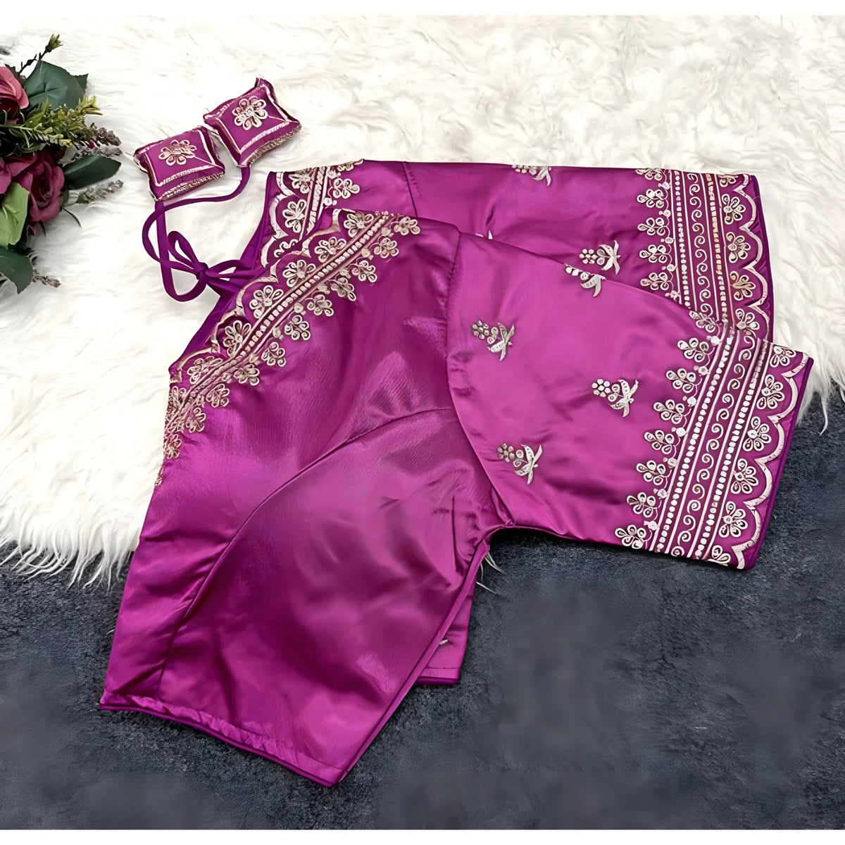 Amethyst Women's Satin Embroidered Half sleeve V-Neck Padded Readymade Blouse