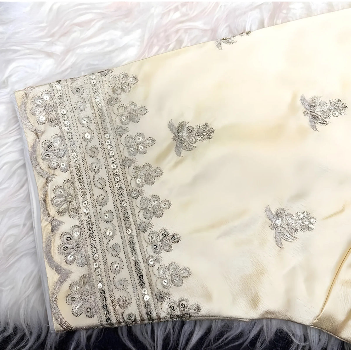 Ivory Women's Satin Embroidered Half sleeve V-Neck Padded Readymade Blouse