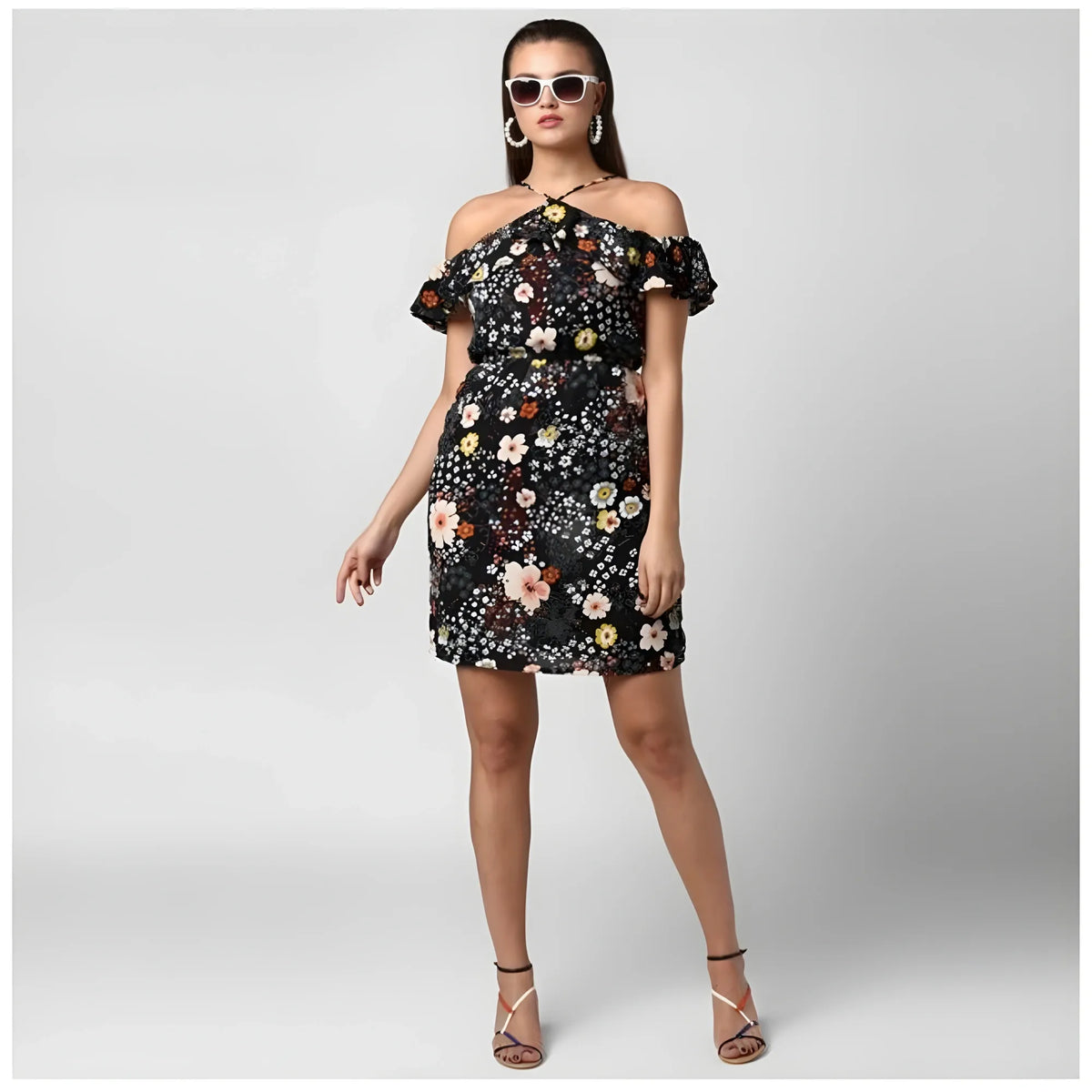Women's Polyester Floral Cold Shoulder Above Knee Dress (black) | Women Signature Collection