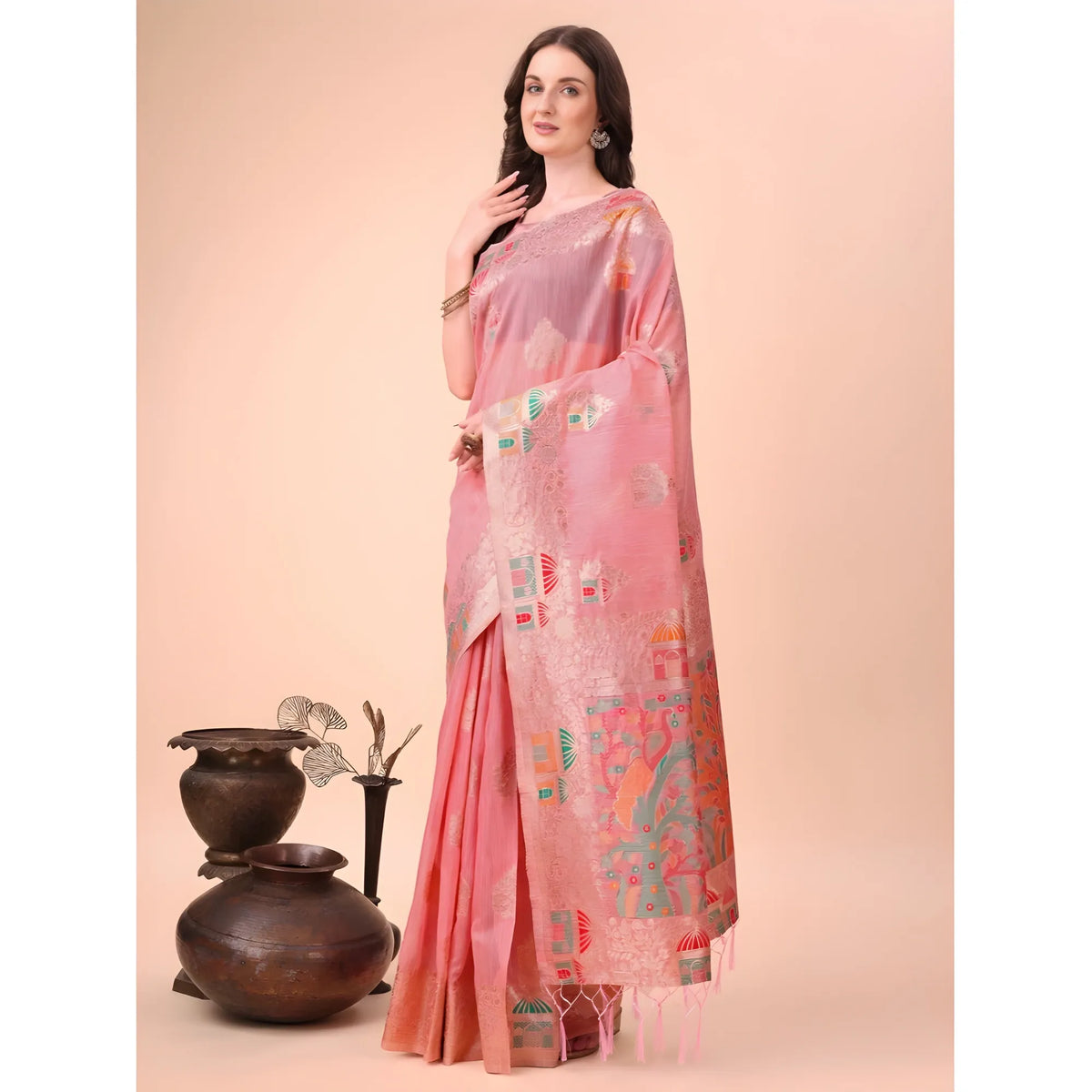 Women's Linen Cotton Printed Saree With Unstitched Blouse 5.5mtr (pink) | Women Signature Collection