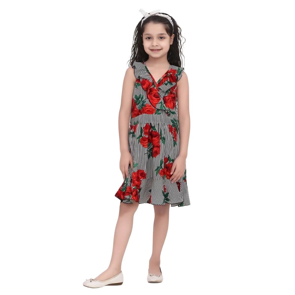 Girl's Polyester Crepe Floral Shoulder Straps Dress (red) | Kids Signature Collection