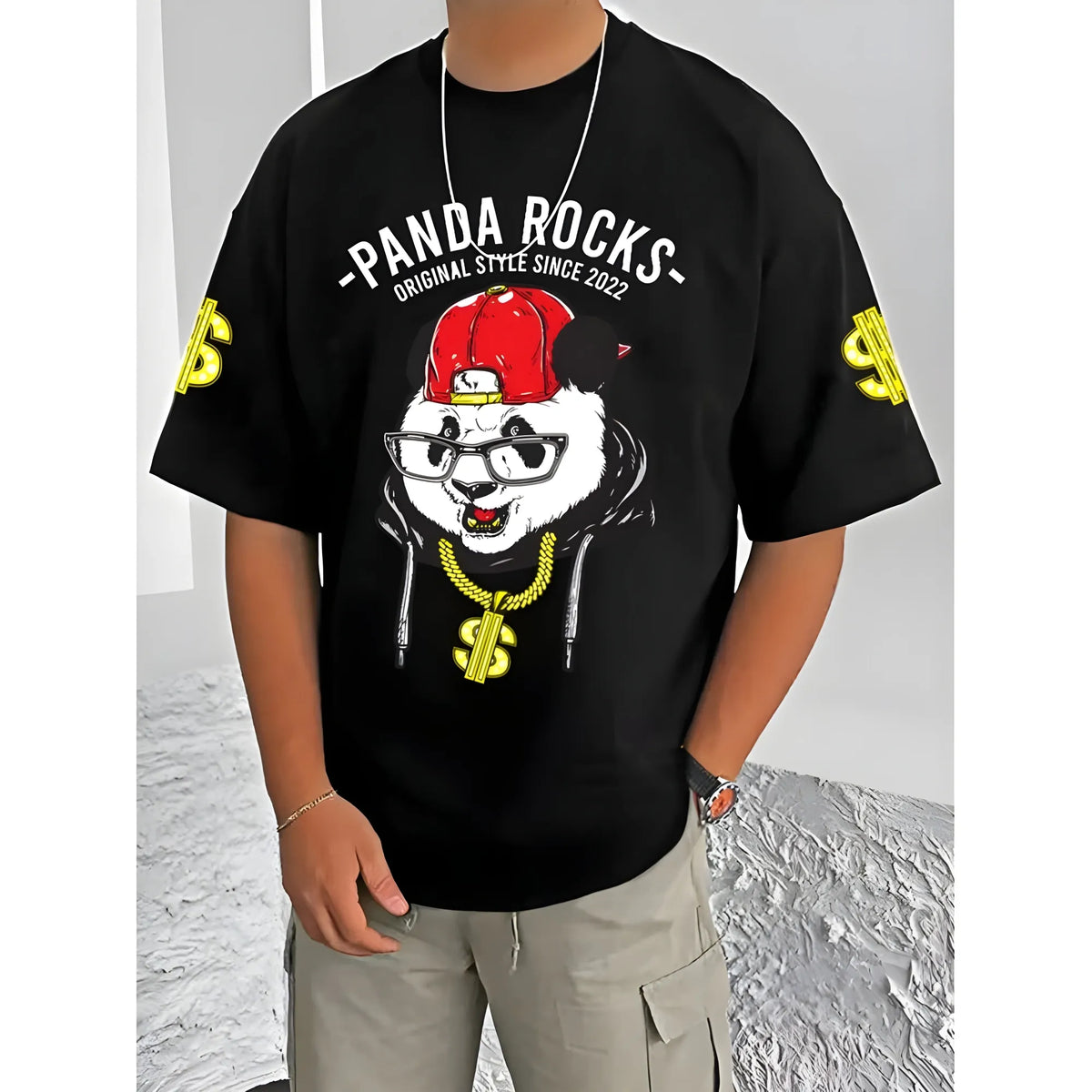 Men's Casual Cotton Blend Printed Round Neck Half Sleeve T-Shirt (Black)