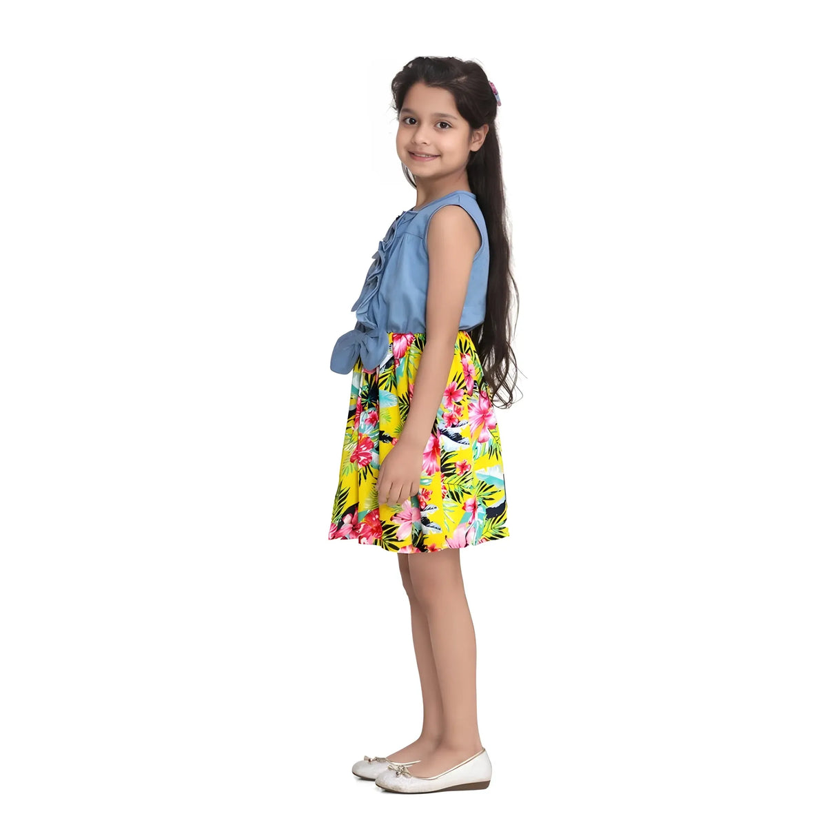 Girl's Denim Floral Sleeveless Dress (blue Yellow) | Kids Signature Collection
