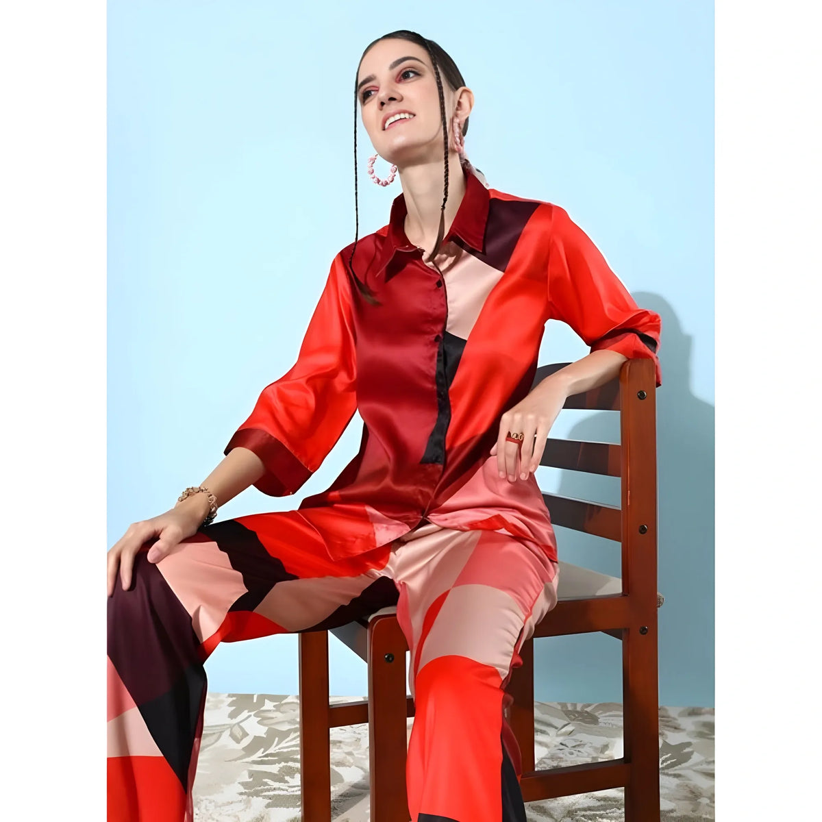 Women's Satin Colour Block Long Sleeves Co Ord Set (multicolor) | Women Signature Collection