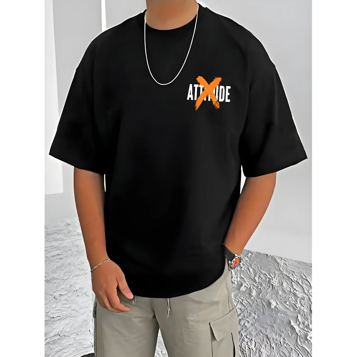 Men's Casual Cotton Blend Printed Round Neck Half Sleeve T-Shirt (Black)