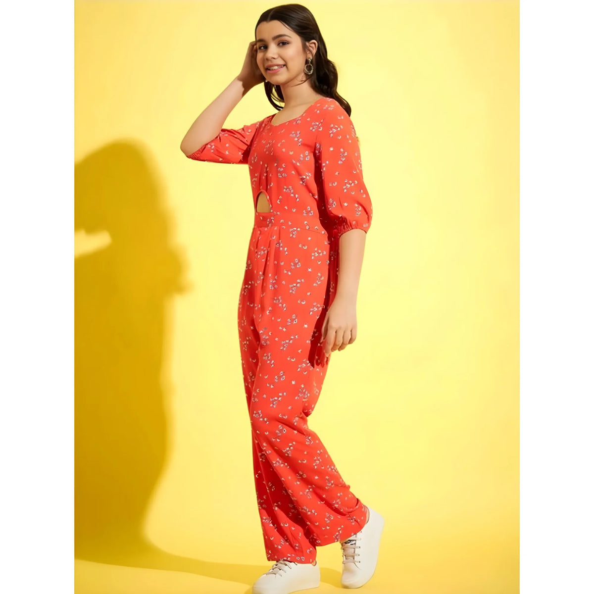 Girl's Polyester Floral 3/4th Sleeve Jumpsuit (coral) | Kids Signature Collection