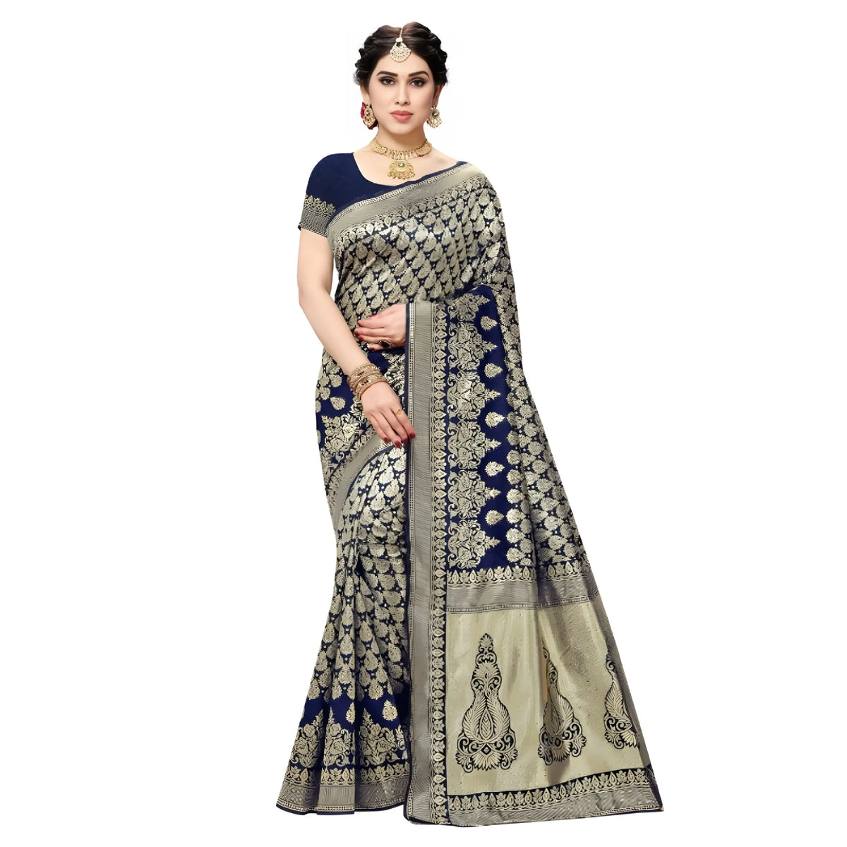 Women's Jacquard Silk Kanjivaram Jacquard Silk Saree With Blouse (navy Blue, 5 6 Mtrs) | Women Signature Collection