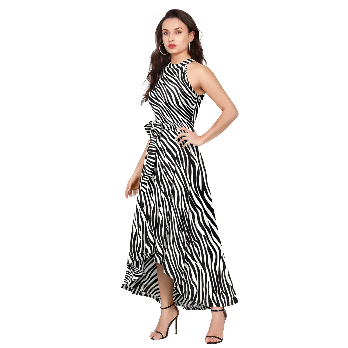 Women's Polyester Zebra Pattern Halter Neck Sleeveless Dress (white) | Women Signature Collection