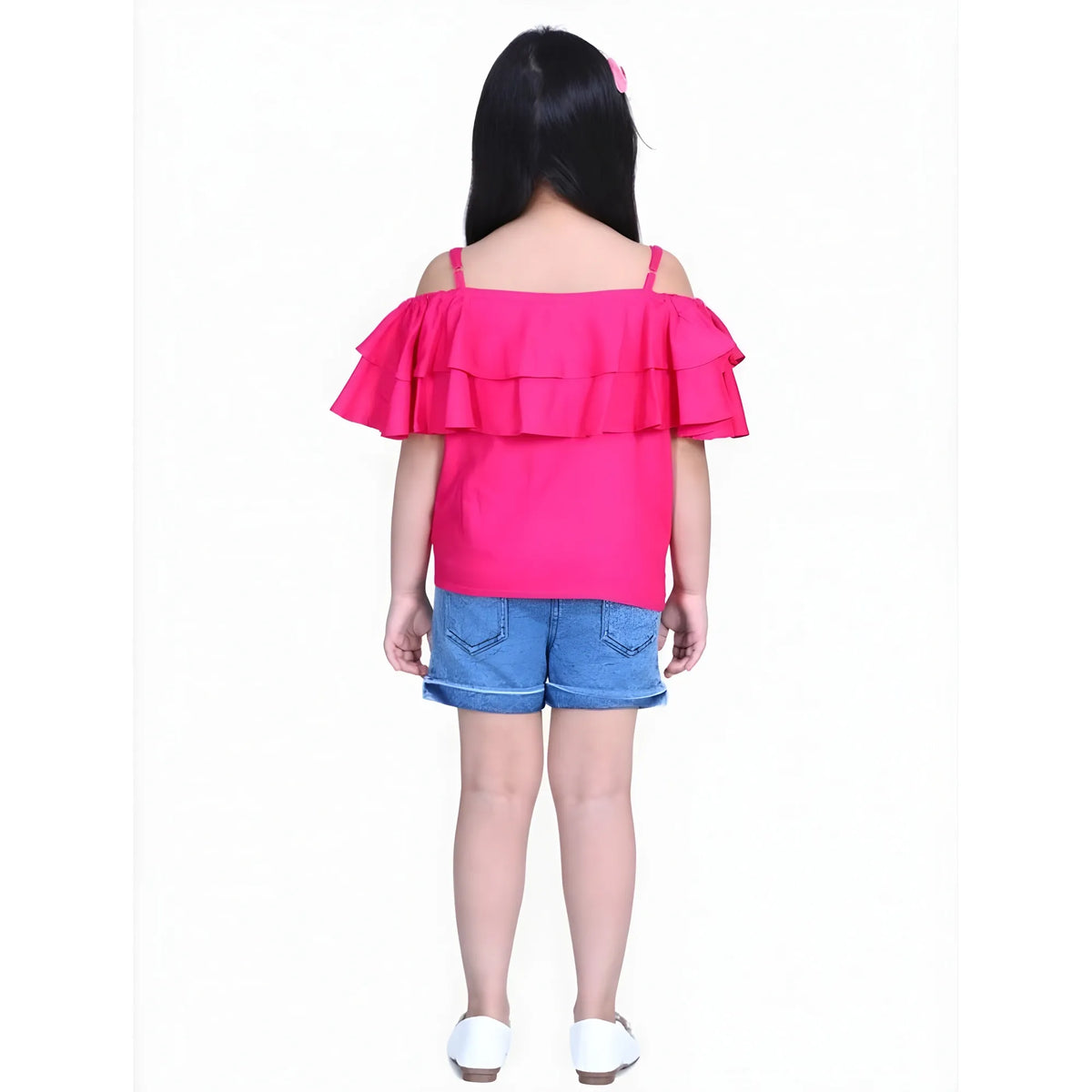 Girl's Rayon Solid Cold Shoulder Top With Shorts (pink Blue) | Kids Signature Collection