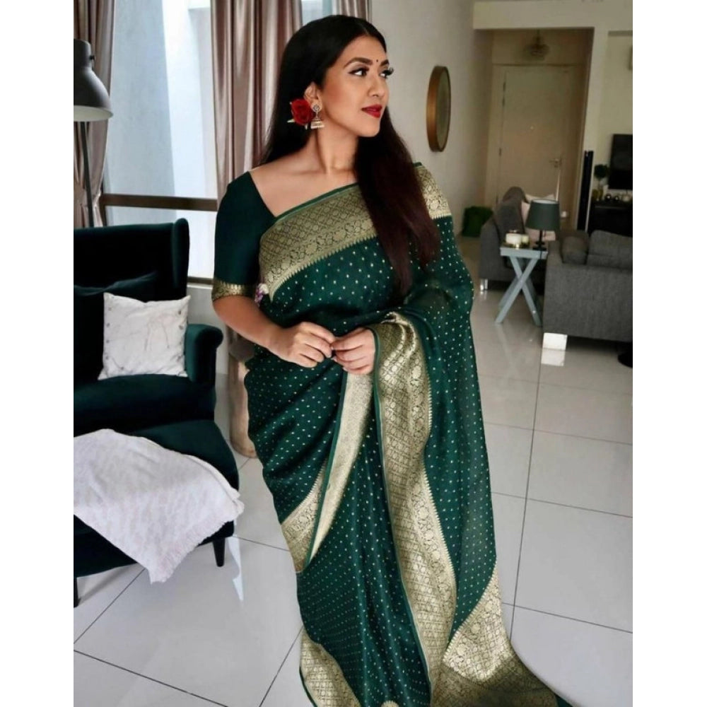 Women's Litchi Silk Printed Saree With Unstitched Blouse (green) | Women Signature Collection