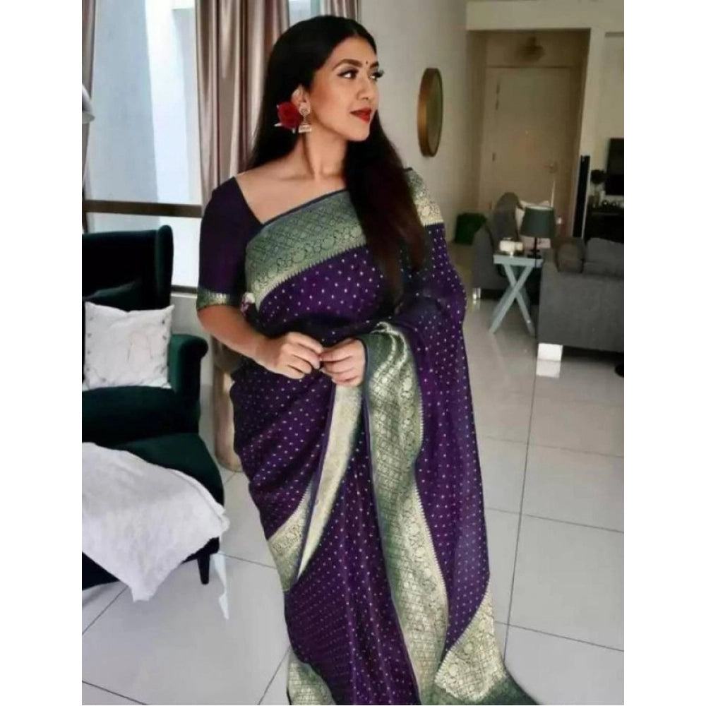 Women's Litchi Silk Printed Saree With Unstitched Blouse (purple) | Women Signature Collection
