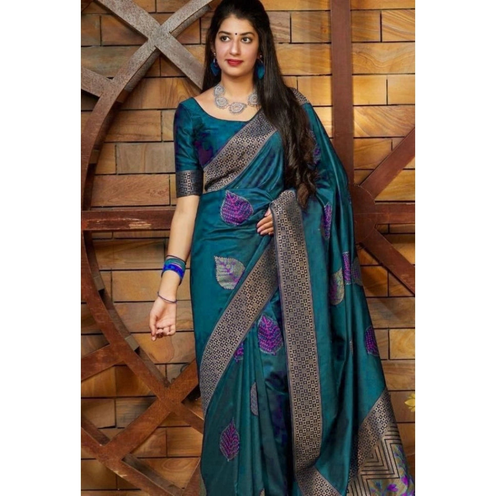 Women's Litchi Silk Printed Saree With Unstitched Blouse (rama Blue) | Women Signature Collection