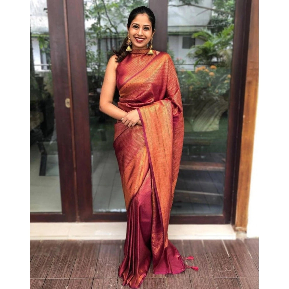 Women's Litchi Silk Printed Saree With Unstitched Blouse (red) | Women Signature Collection