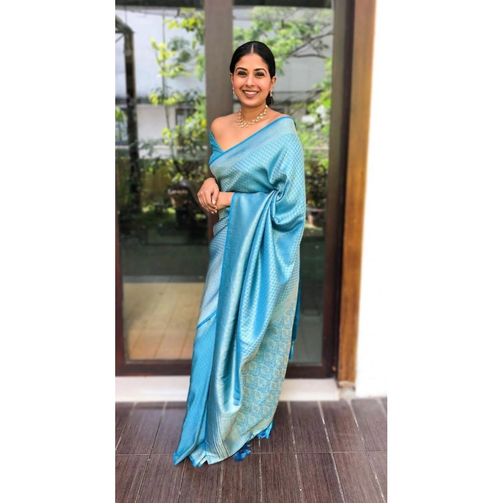Women's Litchi Silk Printed Saree With Unstitched Blouse (sky Blue) | Women Signature Collection
