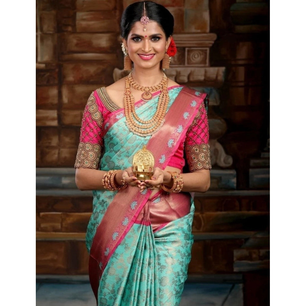 Women's Litchi Silk Printed Saree With Unstitched Blouse (turquise Blue) | Women Signature Collection