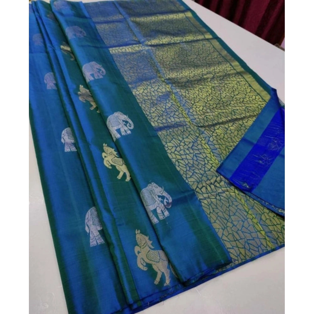 Women's Litchi Silk Printed Saree With Unstitched Blouse (turquise Blue) | Women Signature Collection