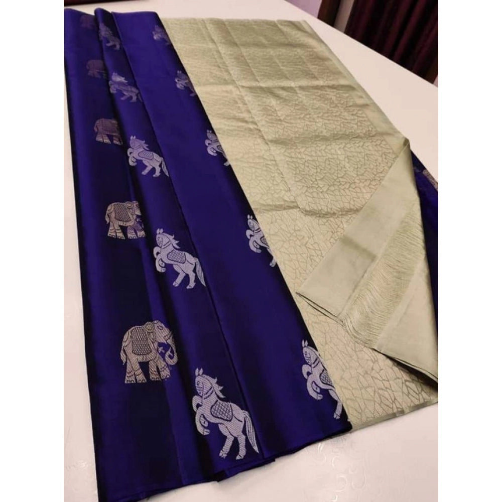 Women's Litchi Silk Printed Saree With Unstitched Blouse (navy Blue With White) | Women Signature Collection