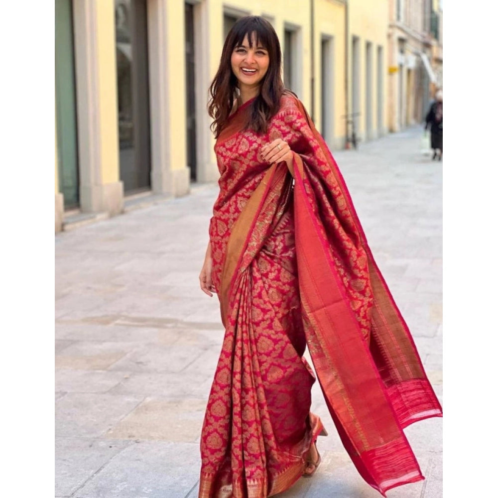 Women's Litchi Silk Printed Saree With Unstitched Blouse (red) | Women Signature Collection