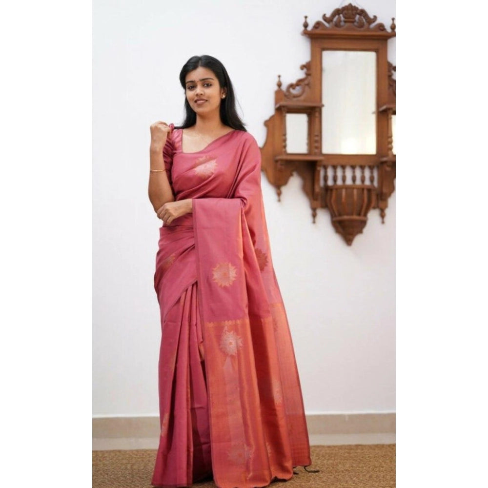 Women's Litchi Silk Printed Saree With Unstitched Blouse (peach) | Women Signature Collection