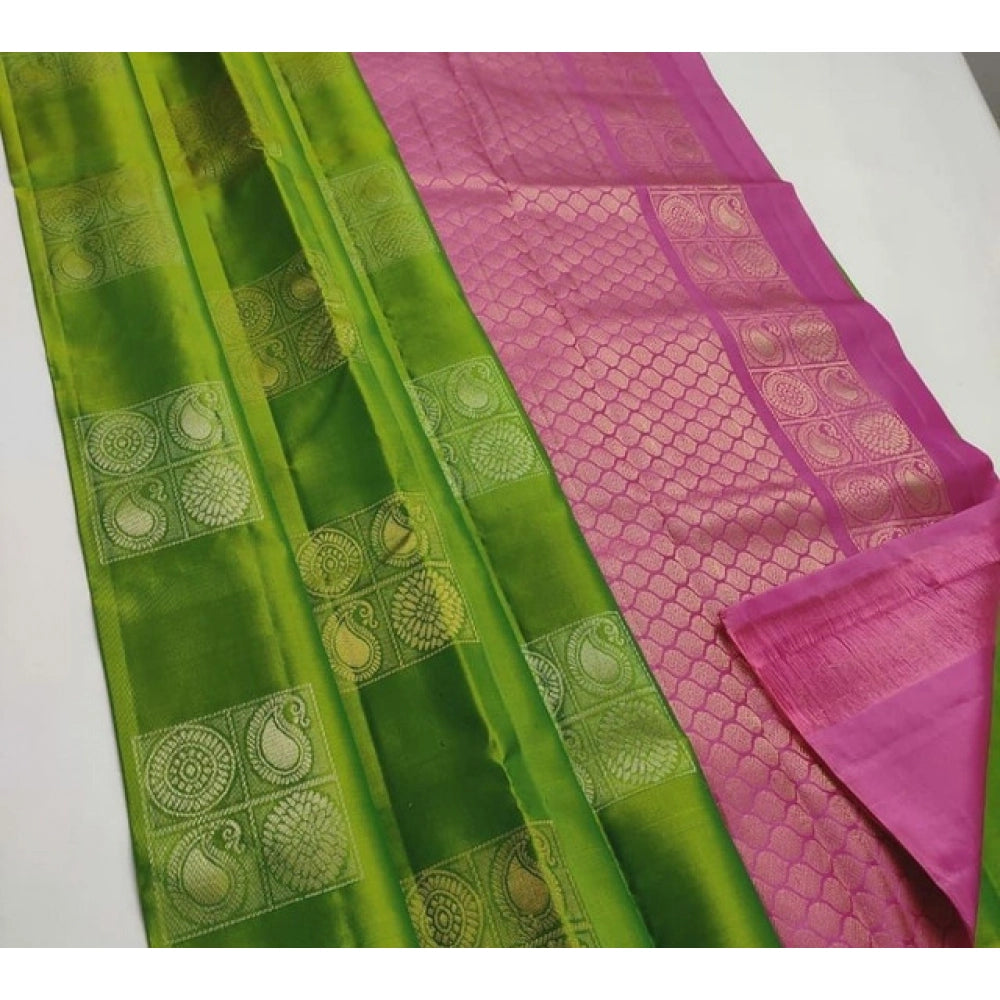 Women's Litchi Silk Printed Saree With Unstitched Blouse (green With Pink) | Women Signature Collection
