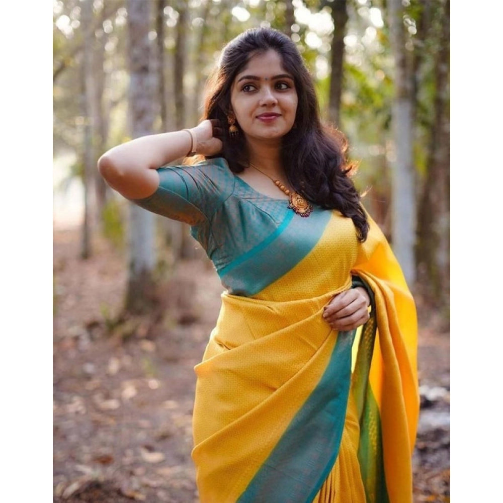 Women's Litchi Silk Printed Saree With Unstitched Blouse (yellow) | Women Signature Collection
