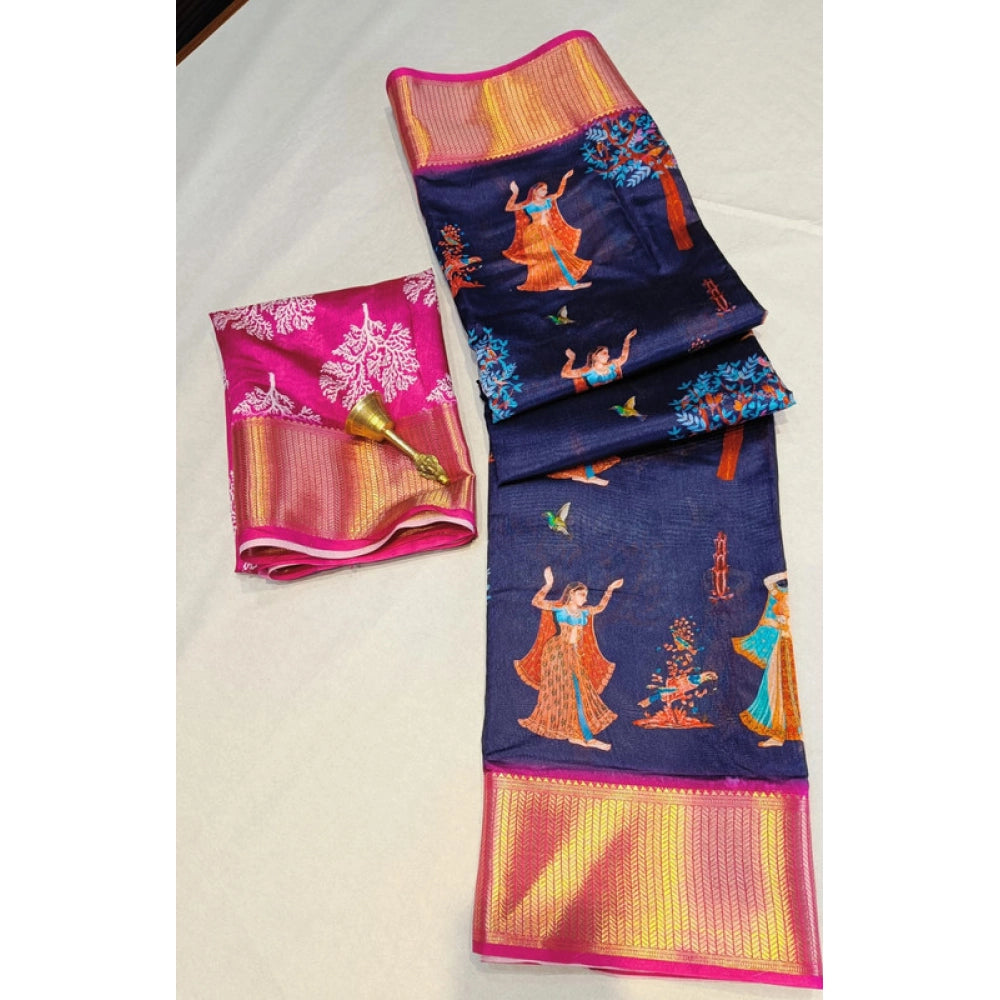 Women's Digital Dolla Silk Printed Saree With Unstitched Blouse 5.5mtr (navy Blue) | Women Signature Collection
