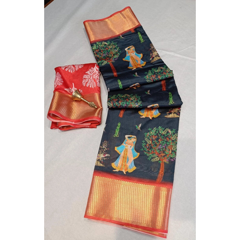 Women's Digital Dolla Silk Printed Saree With Unstitched Blouse 5.5mtr (black) | Women Signature Collection