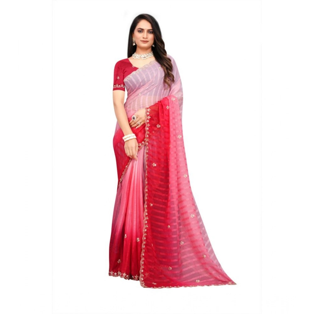 Women's Chiffon Embroidred Saree With Unstitched Blouse 5.5mtr (pink) | Women Signature Collection