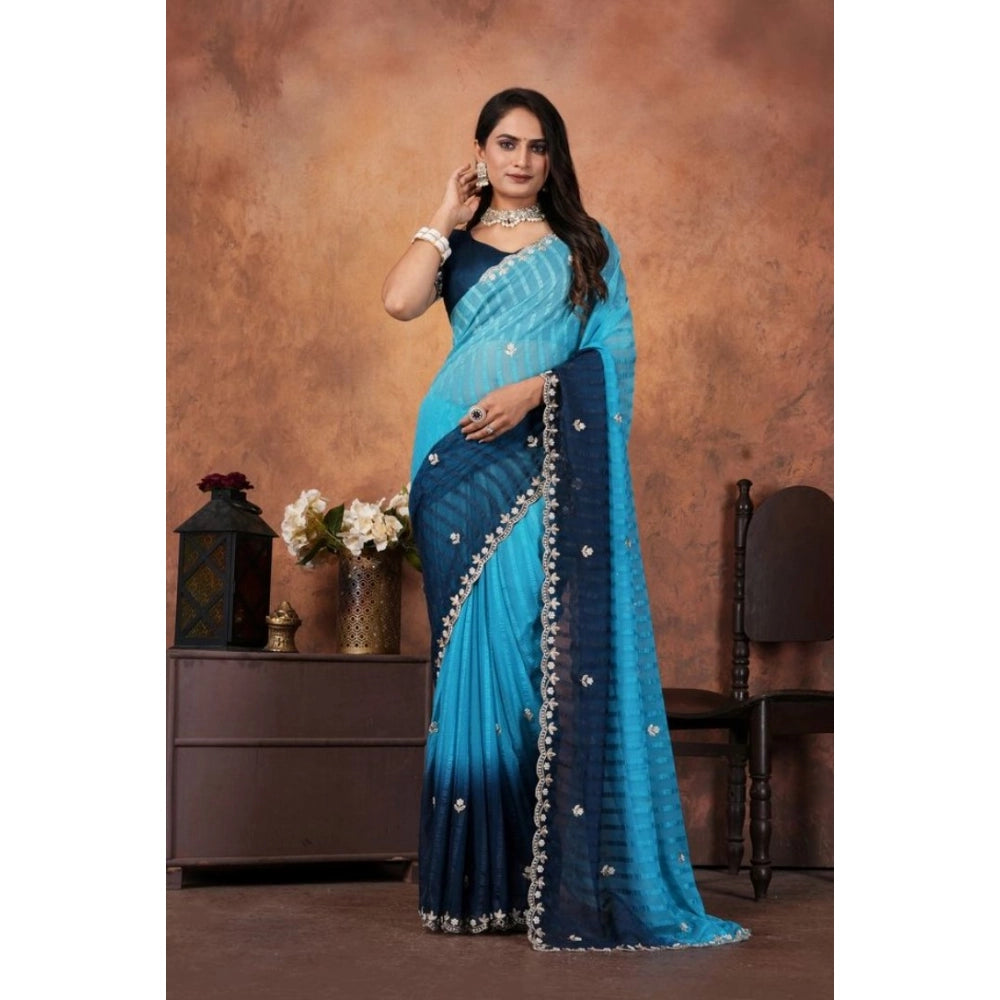 Women's Chiffon Embroidred Saree With Unstitched Blouse 5.5mtr (light Blue) | Women Signature Collection