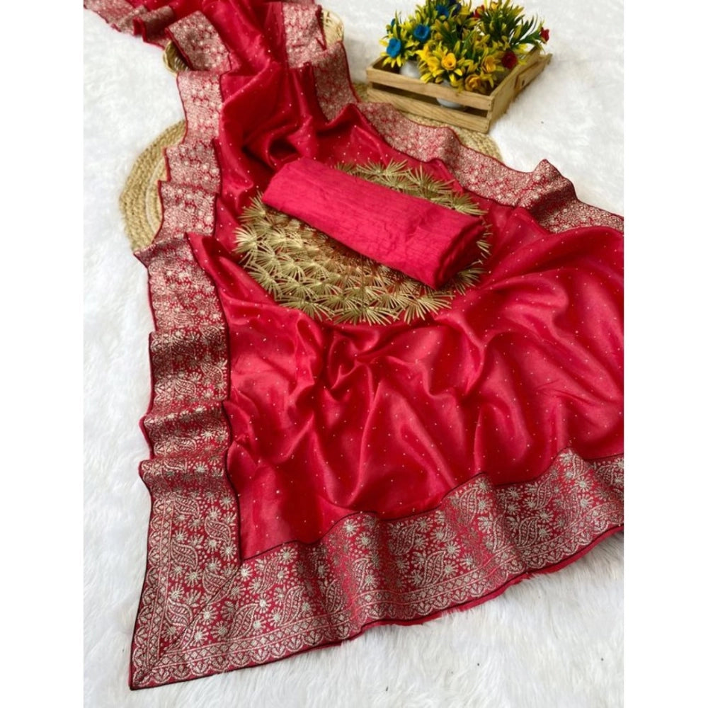Women's Silk Embroidred Saree With Unstitched Blouse 5.5mtr (pink) | Women Signature Collection