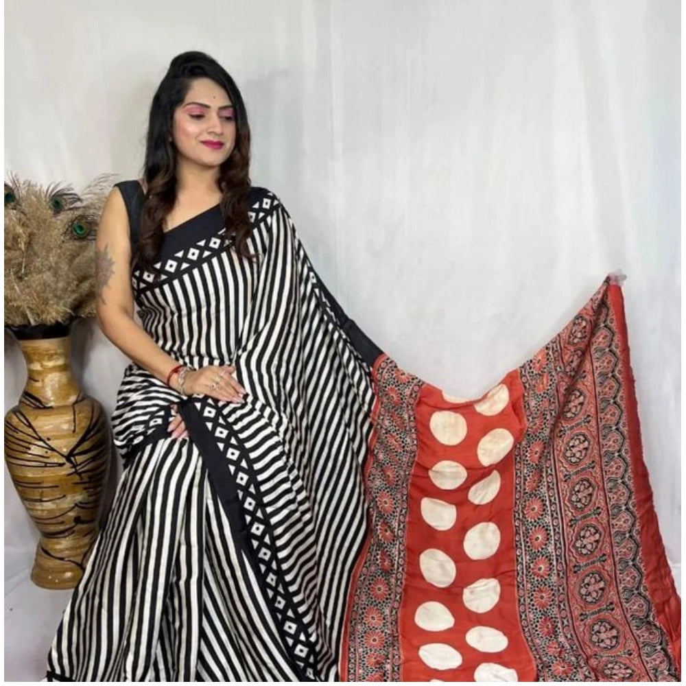 Women's Satin Printed Saree With Unstitched Blouse 5.5mtr (black) | Women Signature Collection