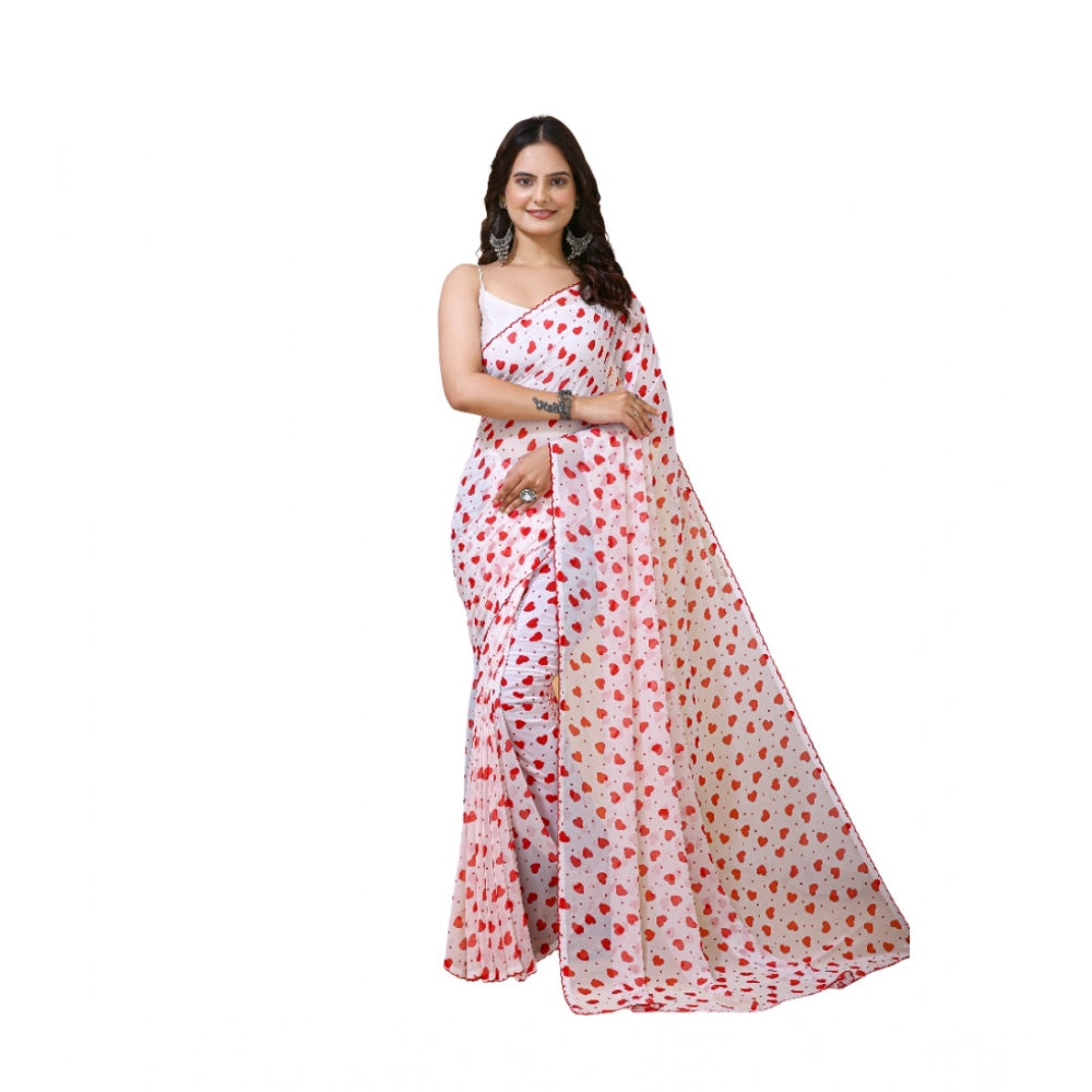 Women's Georgette Printed Saree With Unstitched Blouse 5.5mtr (white Red) | Women Signature Collection