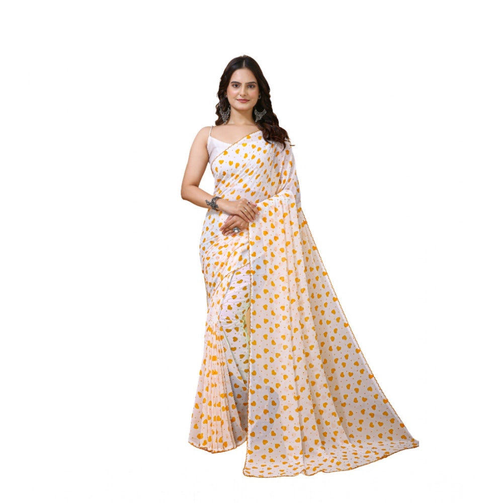 Women's Georgette Printed Saree With Unstitched Blouse 5.5mtr (white Yellow) | Women Signature Collection