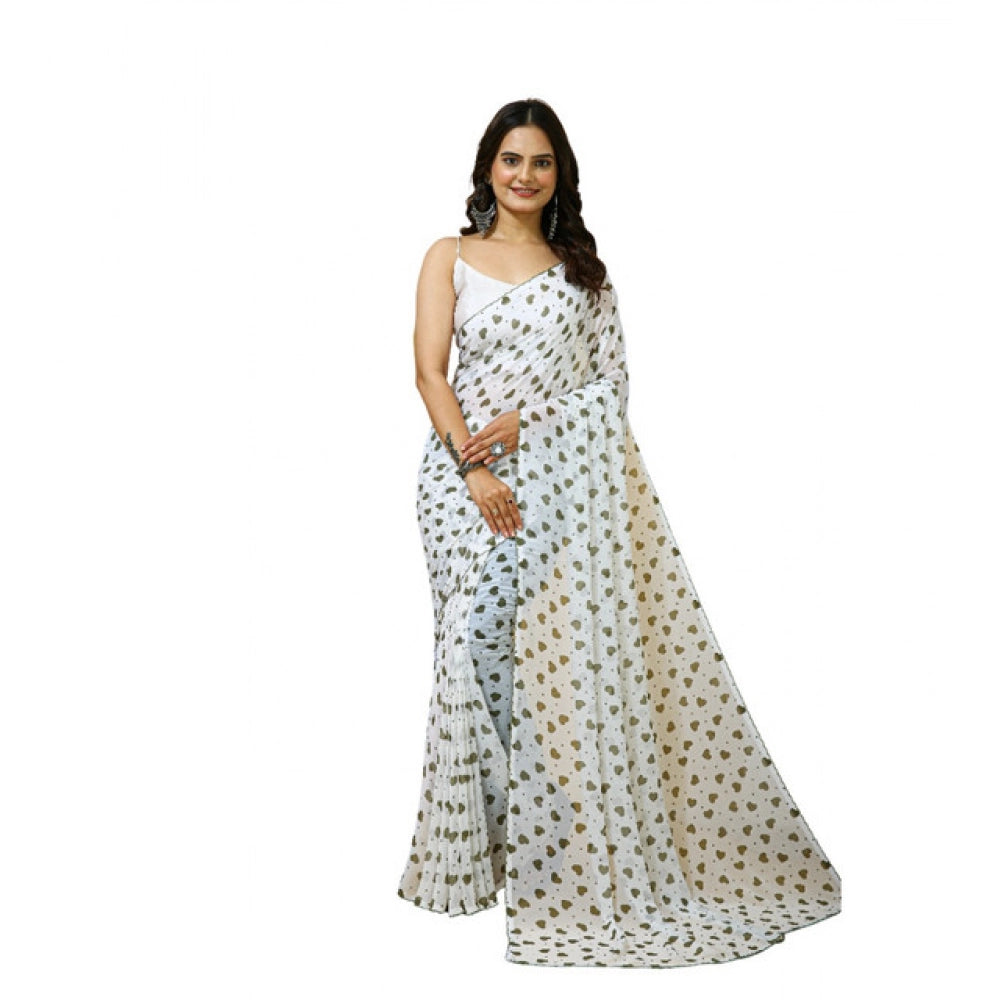 Women's Georgette Printed Saree With Unstitched Blouse 5.5mtr (white Grey) | Women Signature Collection