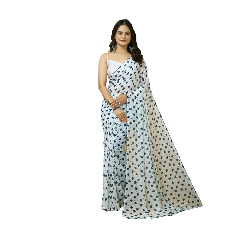 Women's Georgette Printed Saree With Unstitched Blouse 5.5mtr (white) | Women Signature Collection