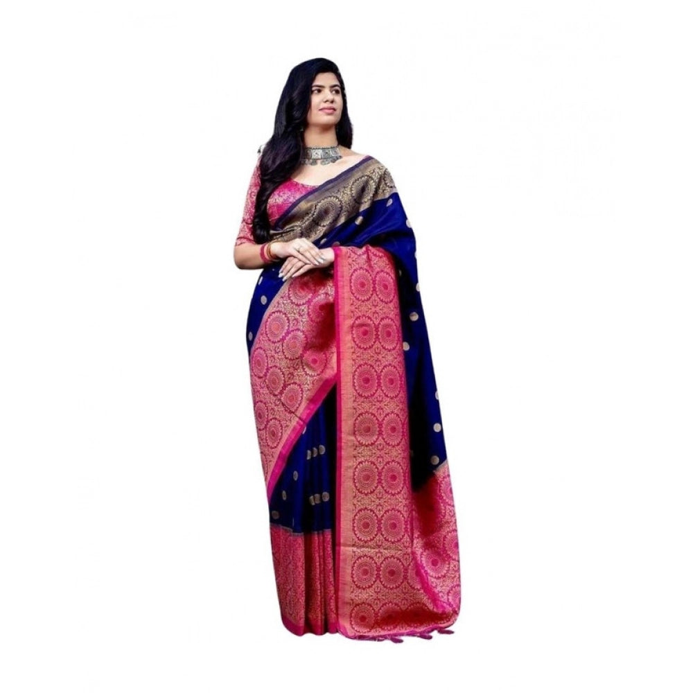 Women's Soft Lichi Silk Printed Saree With Unstitched Blouse 5.5mtr (blue) | Women Signature Collection