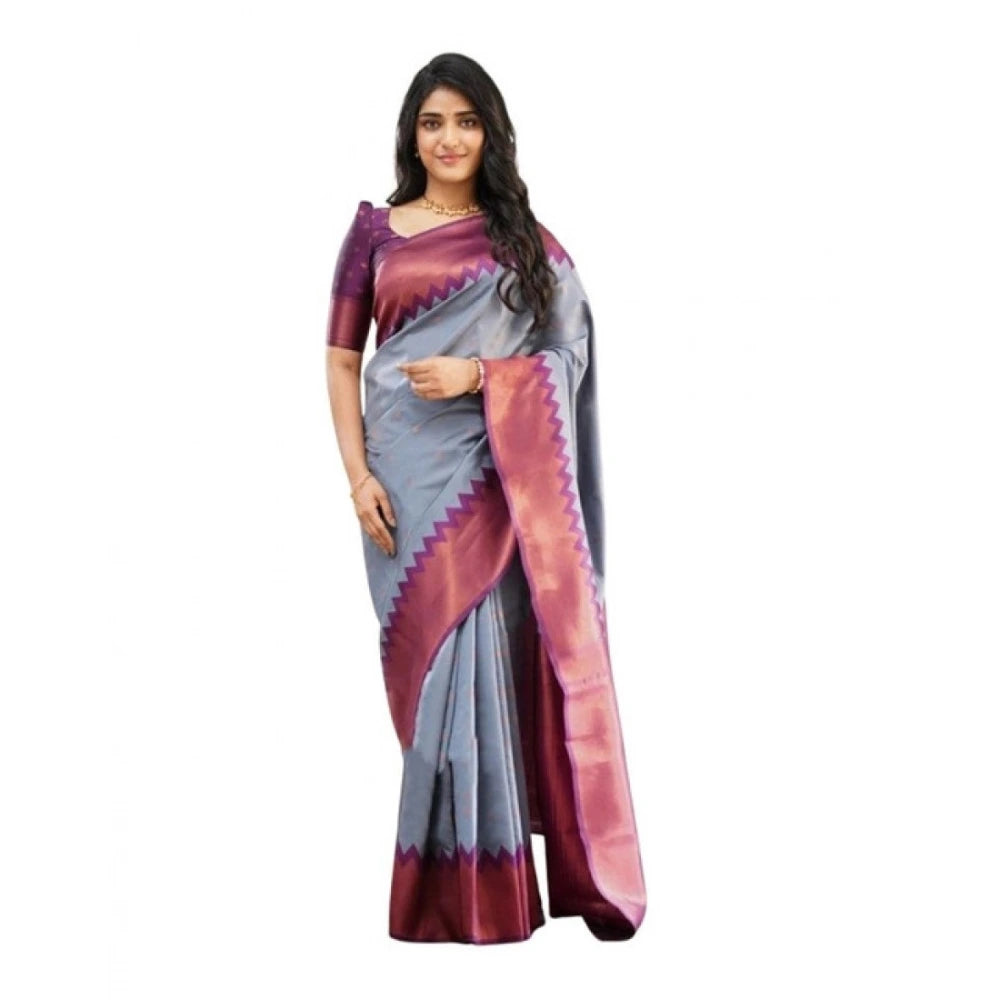 Women's Soft Lichi Silk Printed Saree With Unstitched Blouse 5.5mtr (grey) | Women Signature Collection