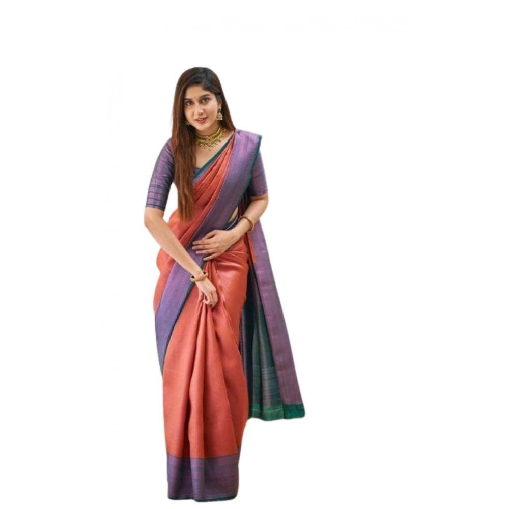 Women's Soft Lichi Silk Printed Saree With Unstitched Blouse 5.5mtr (orange) | Women Signature Collection