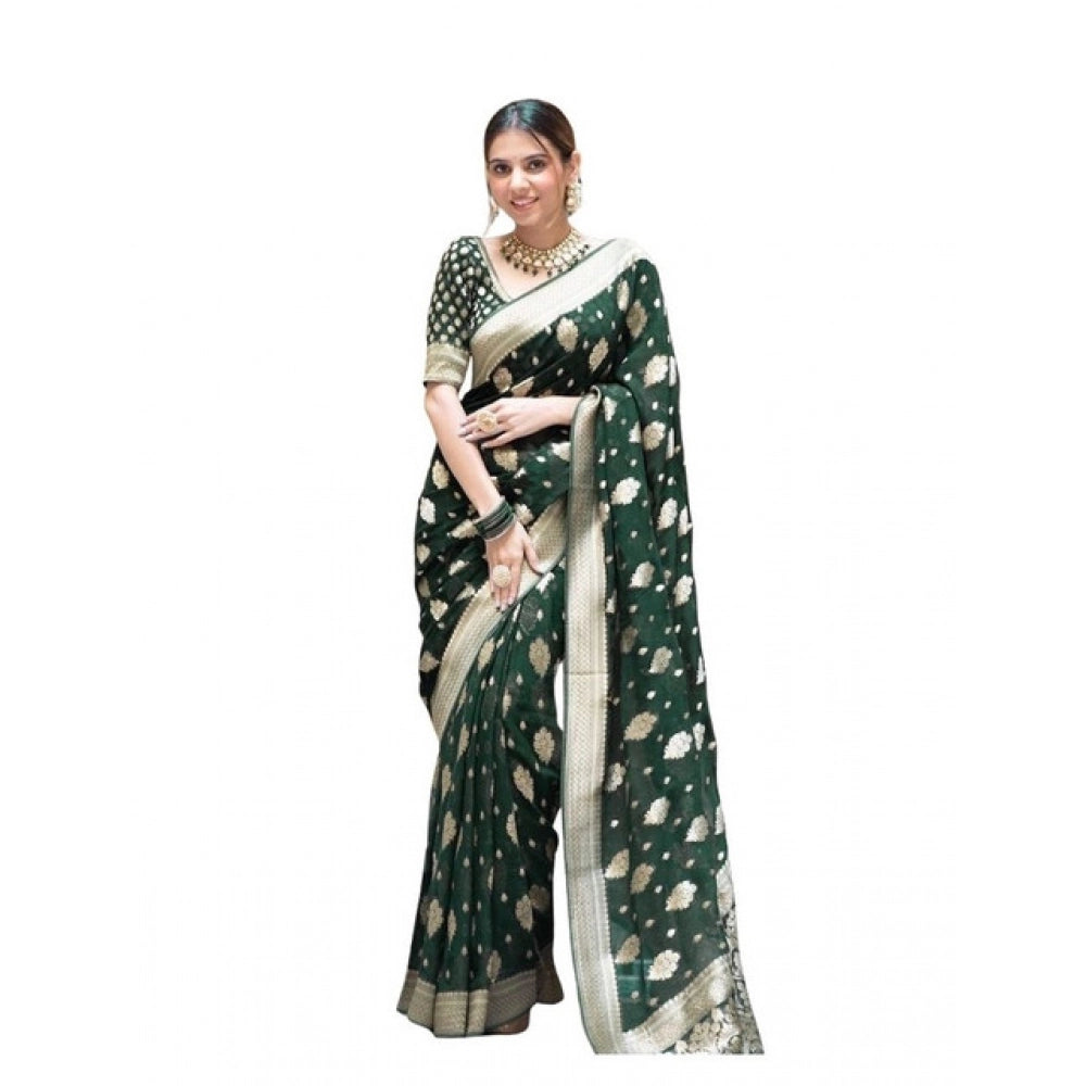 Women's Soft Lichi Silk Printed Saree With Unstitched Blouse 5.5mtr (green) | Women Signature Collection