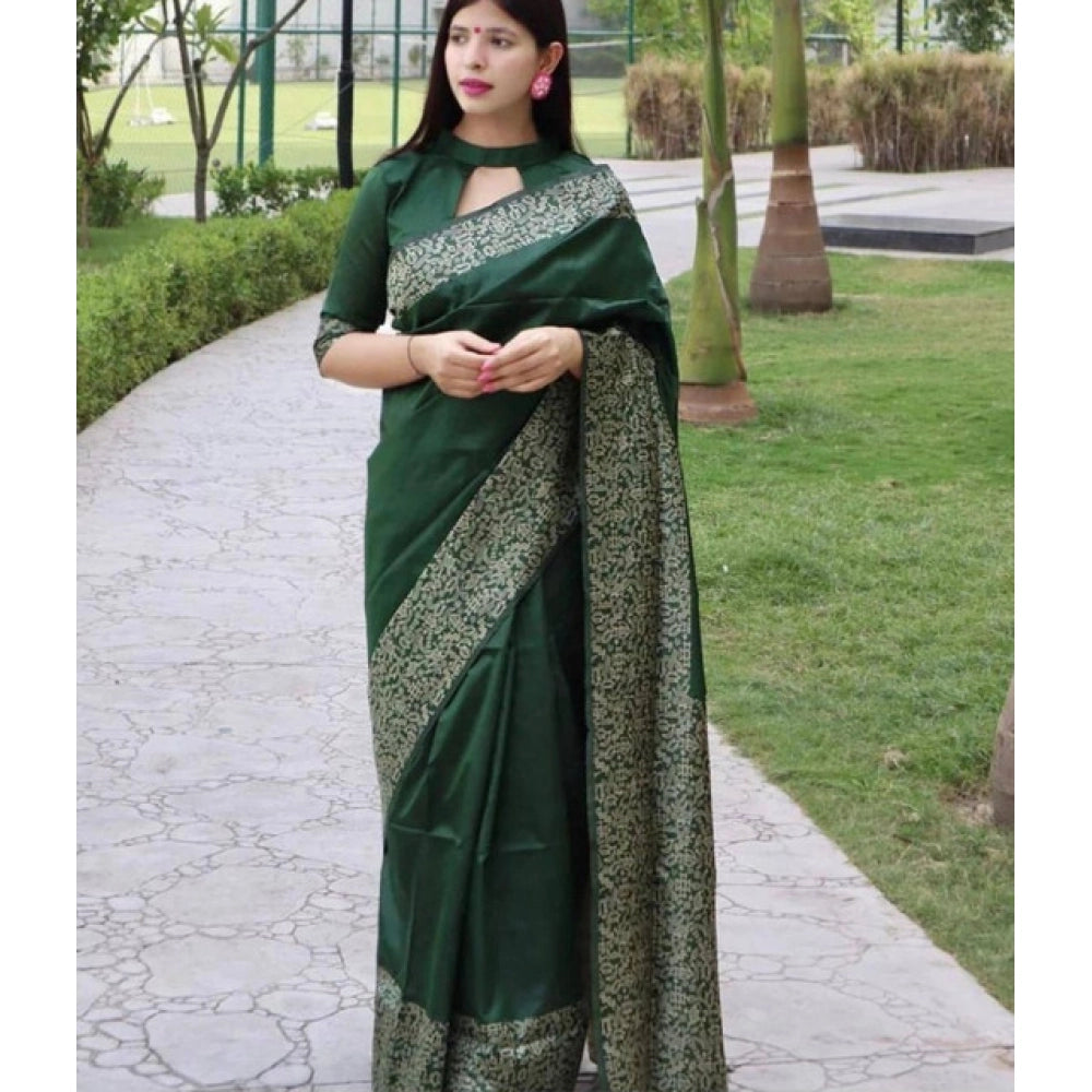 Women's Soft Lichi Silk Printed Saree With Unstitched Blouse 5.5mtr (green) | Women Signature Collection