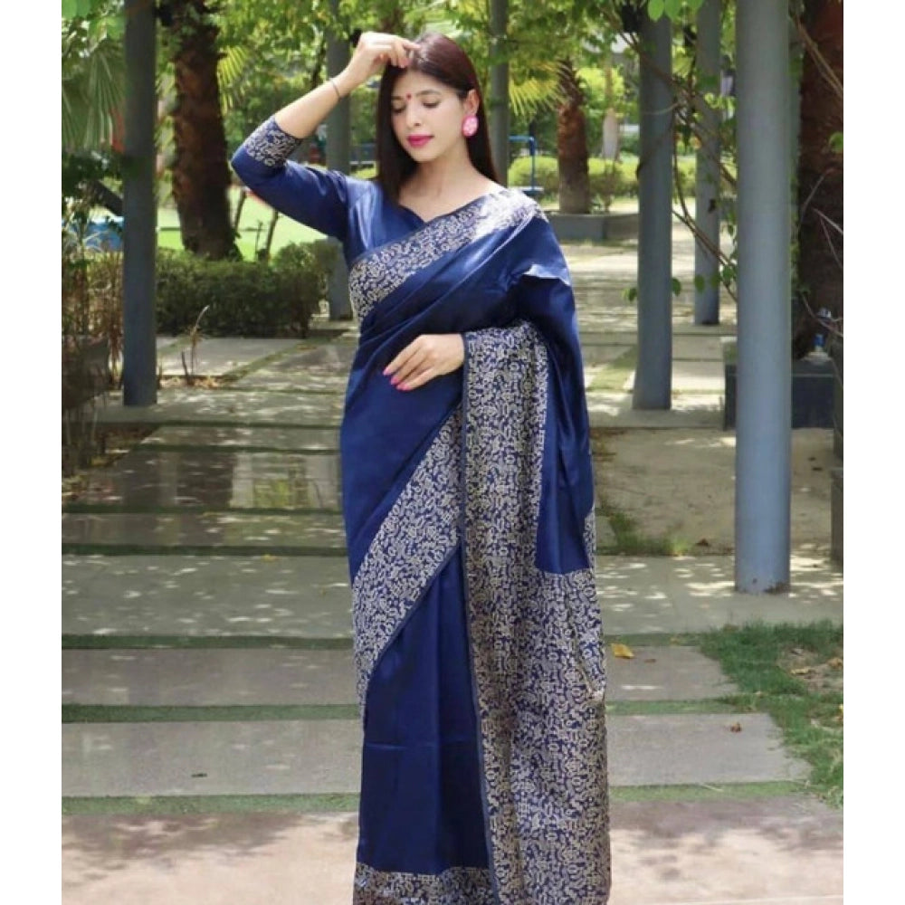 Women's Soft Lichi Silk Printed Saree With Unstitched Blouse 5.5mtr (blue) | Women Signature Collection