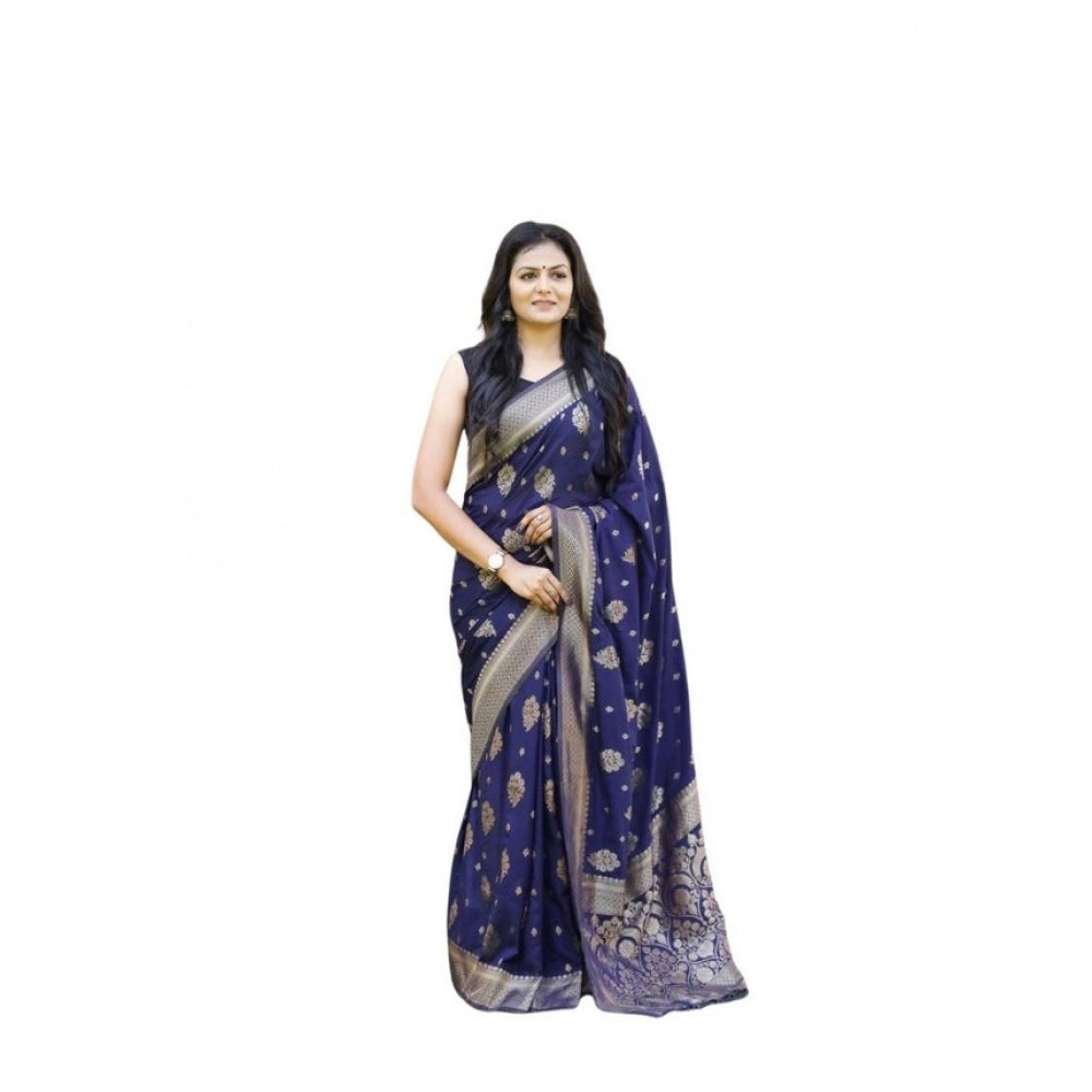 Women's Soft Lichi Silk Printed Saree With Unstitched Blouse 5.5mtr (navy Blue) | Women Signature Collection