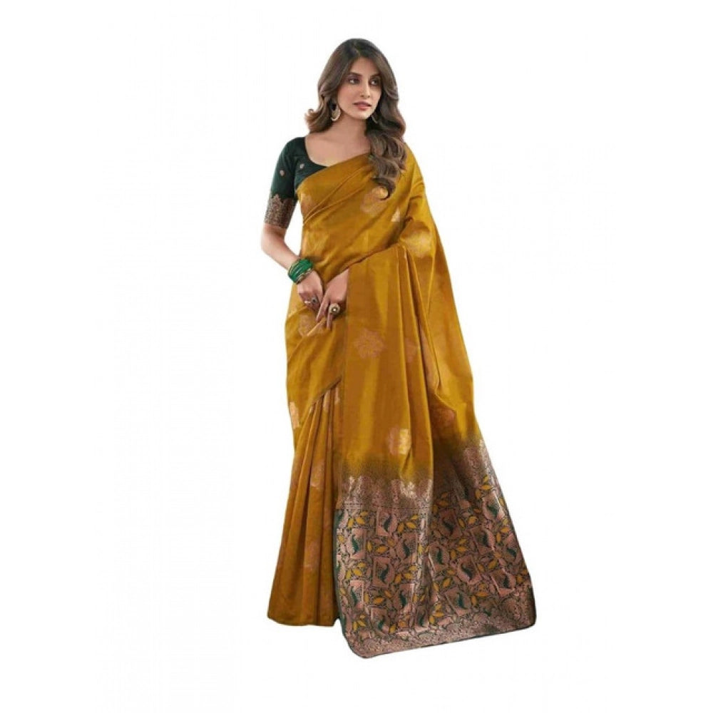 Women's Soft Lichi Silk Printed Saree With Unstitched Blouse 5.5mtr (mustard ) | Women Signature Collection