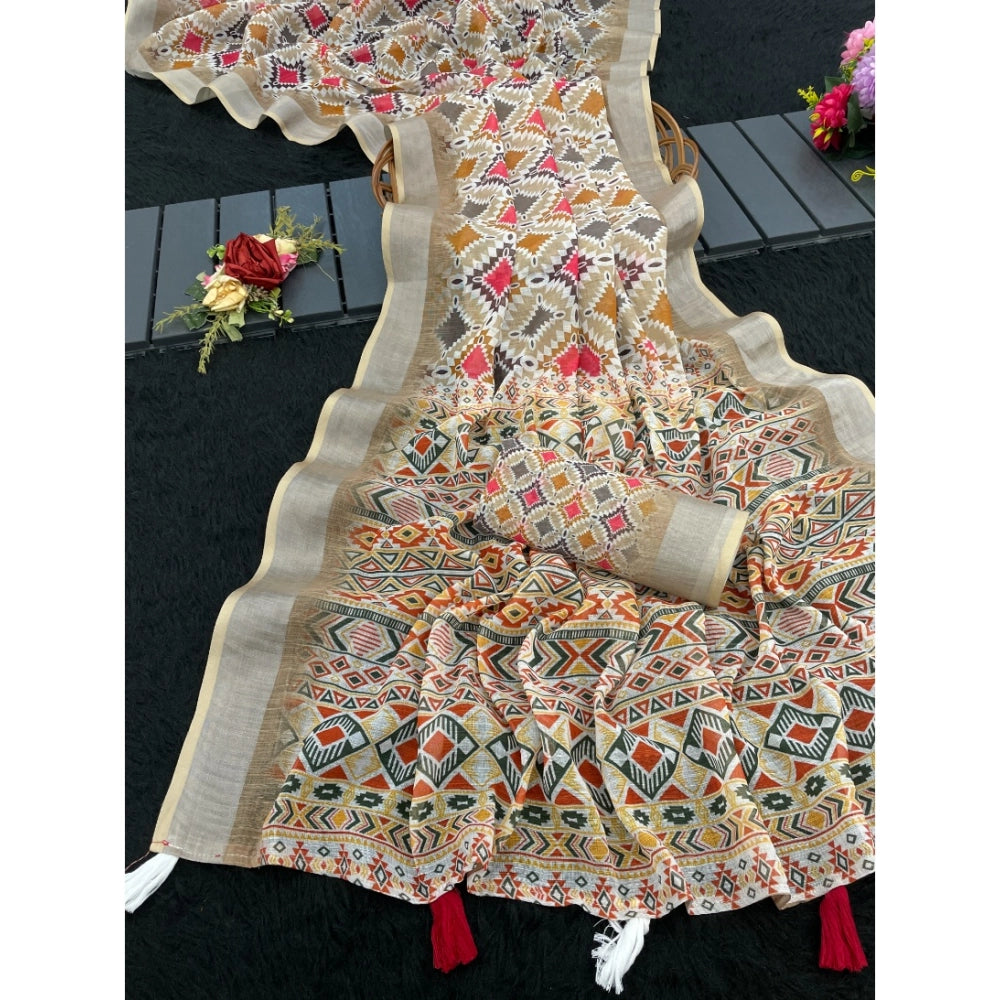Women's Linen Cotton Printed Saree With Unstitched Blouse 5.5mtr (cream) | Women Signature Collection