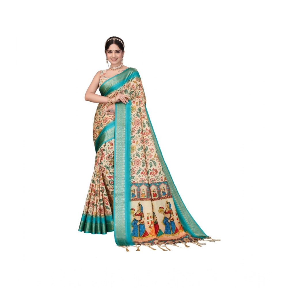 Women's Cotton Silk Printed Saree With Unstitched Blouse 5.5mtr (sky Blue) | Women Signature Collection