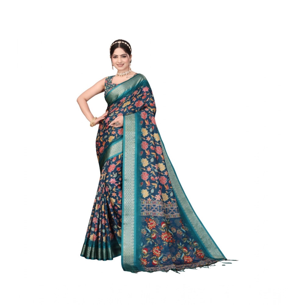 Women's Cotton Silk Printed Saree With Unstitched Blouse 5.5mtr (blue) | Women Signature Collection