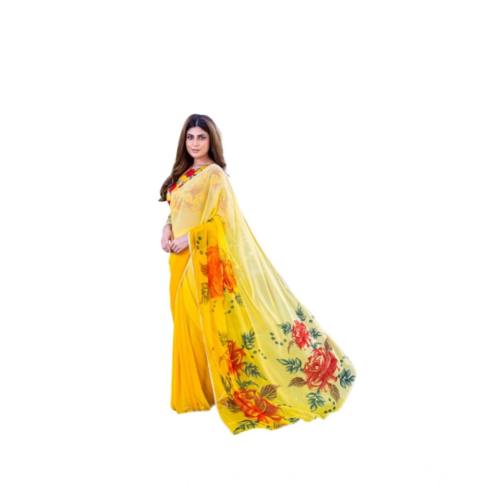 Women's Georgette Printed Saree With Unstitched Blouse 5.5mtr (yellow) | Women Signature Collection